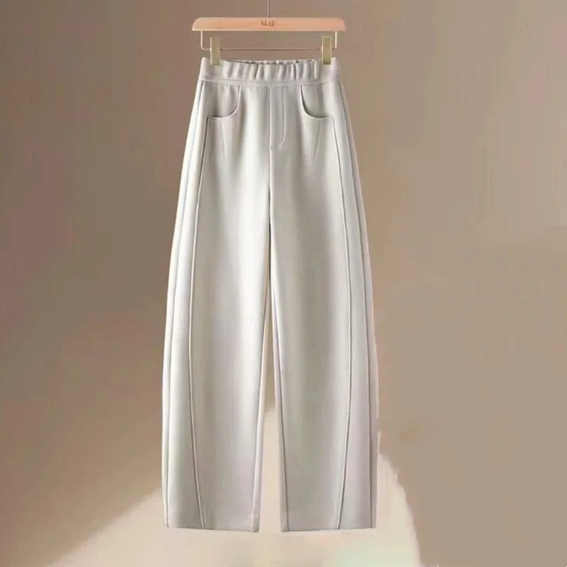 Women's Gray Fleece Lined Wide-Leg Pants High Waist Elastic Waist Warm Casual Loose Long Trousers With Pockets For Autumn Winter