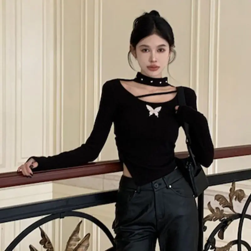 

New Style Slimming Versatile Design Base Layer Top 2026 Autumn/Winter Sexy Hollowed-out Bow Short Long-sleeved T-shirt for Women