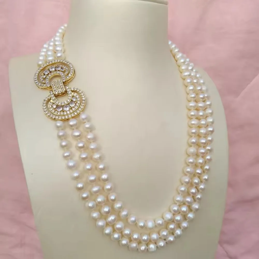 3-Row Pearl Necklace AAA 6-7mm 7-8mm 8-9mm 9-10mm Natural Round Japanese Pearl Necklace 925 Silver 17*18*19 inch