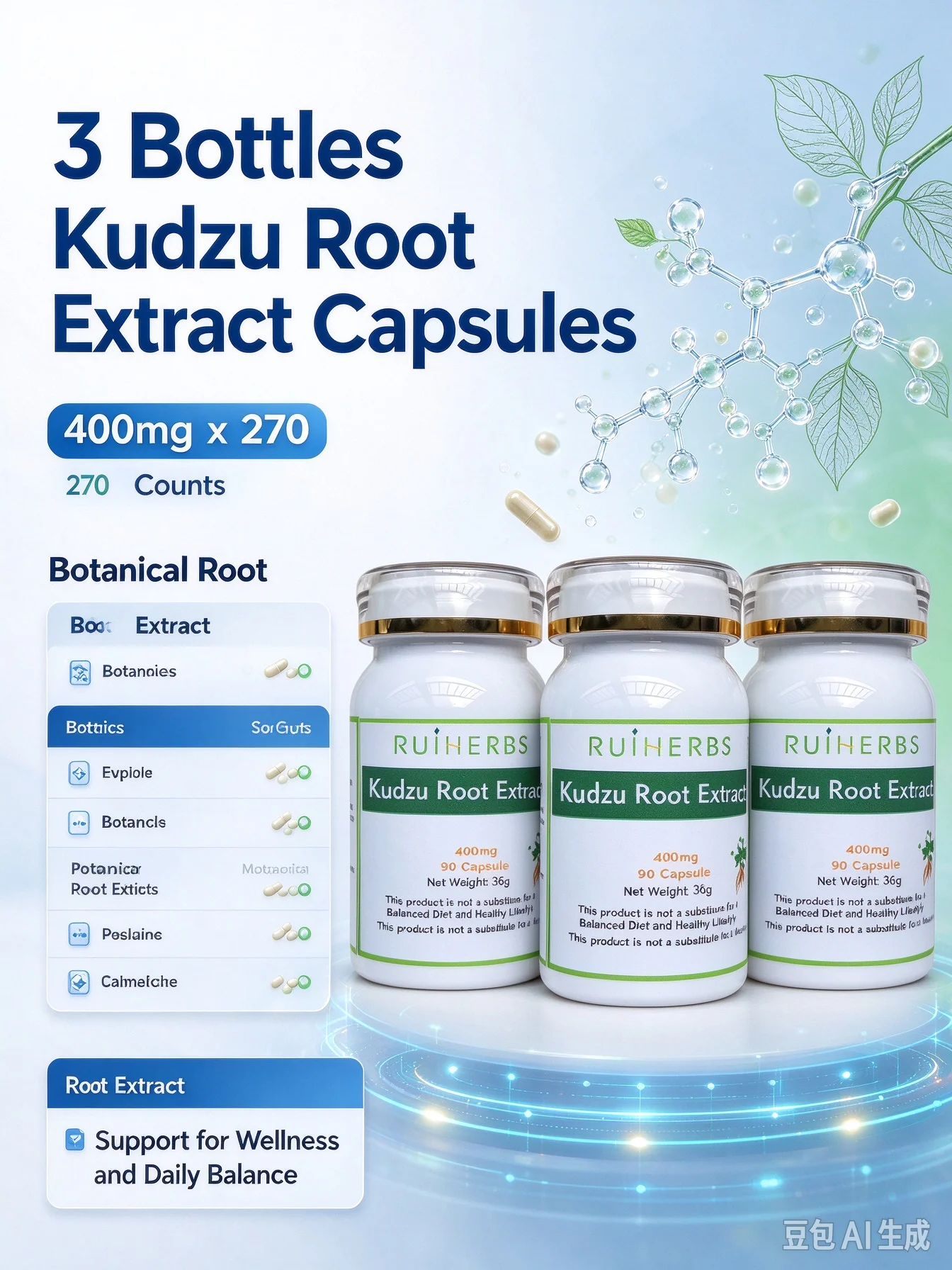 3Bottles Kudzu Root Extract Capsule 400mg x 270 Counts