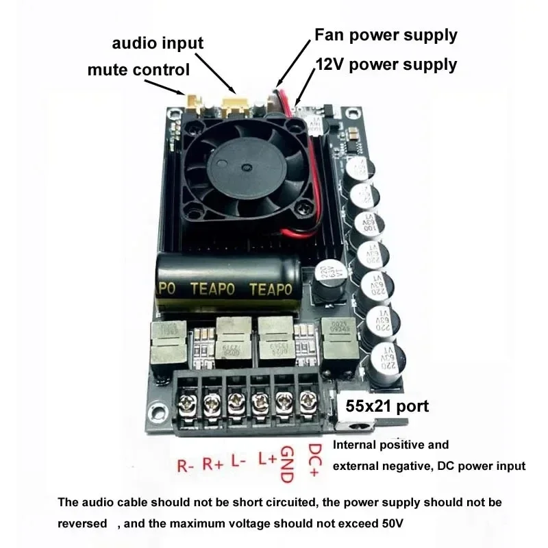 Carte d'amplificateur numérique HIFI, ventilateur silencieux, faible bruit, dissipation thermique injuste, stéréo, technologie haute puissance, TPA3255, 600W, 300W x 2