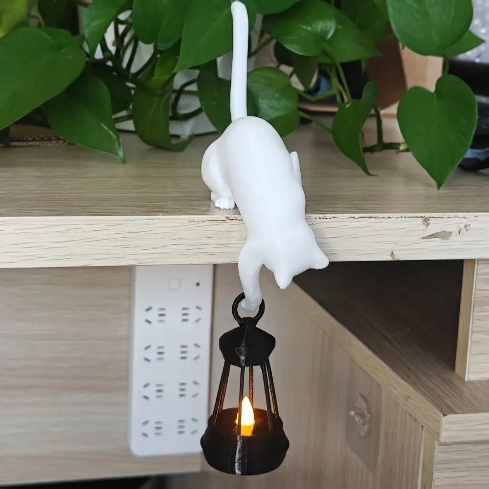 3D Printed Cat-Shaped Wall Hook Cute Inverted Hanging Bookshelf Lantern with Lantern Creative Wall Key Rack Bookshelf Decoration