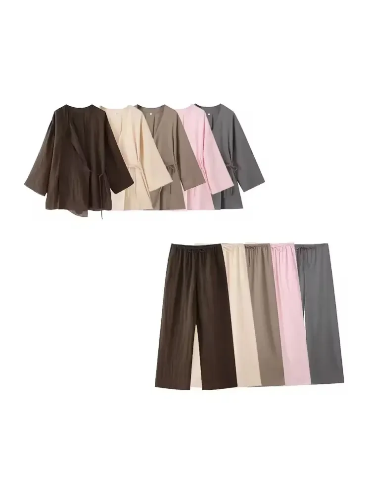 

GELITAYIN женская мода с завязками, свободные блузки-кимоно и прямые брюки с высокой эластичной резинкой на талии, женские комплекты из двух предметов Mujer