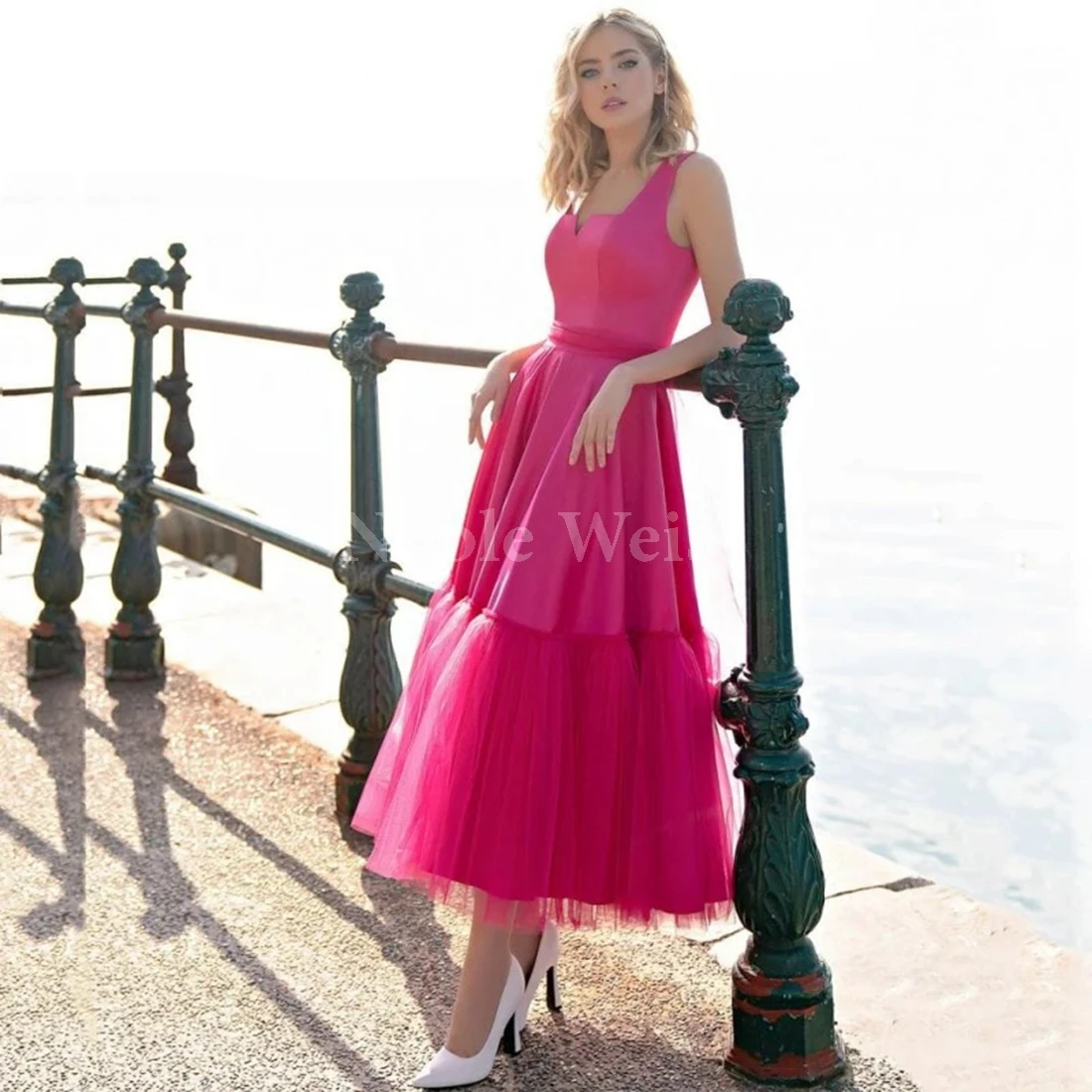 

Women Square Collar Prom Dresses Tea Length Tulle Pleat Sleeveless Wedding Party Customize