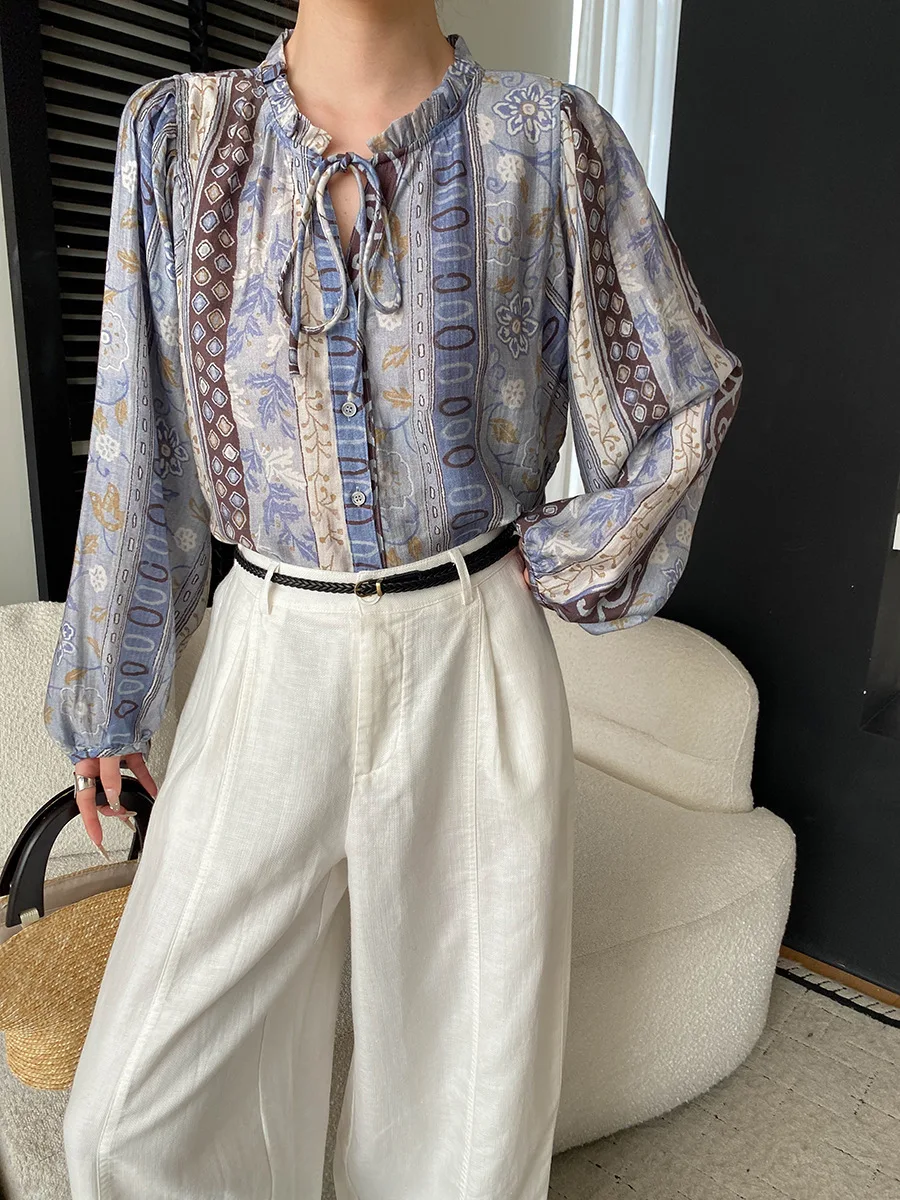

Spring women's Bohemian exotic style lace up printed lantern sleeve shirt