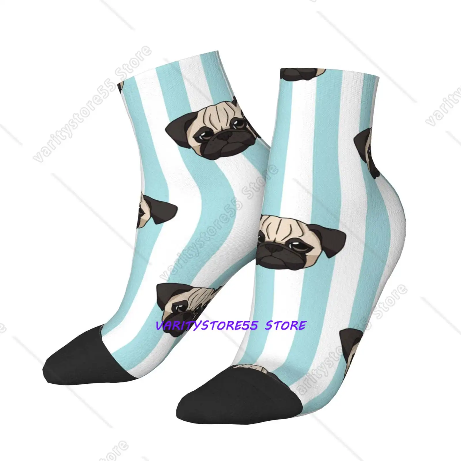

Low Cut Unisex Novelty Crew Socks Casual Ankle Socks for Men Women Pug Heads Cute Dogs Striped