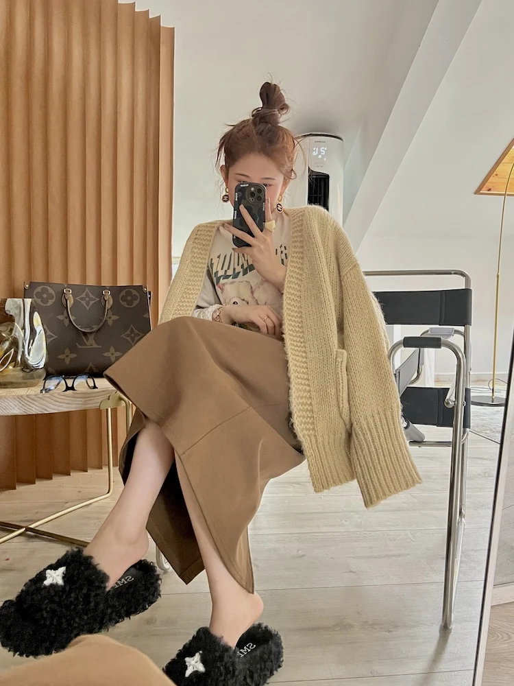 

Oversize Soft Cozy Women's Knitwear Cardigan Loose Long Sve Wool Blend Spring Faion Casual Versatile Midi Length Sweater