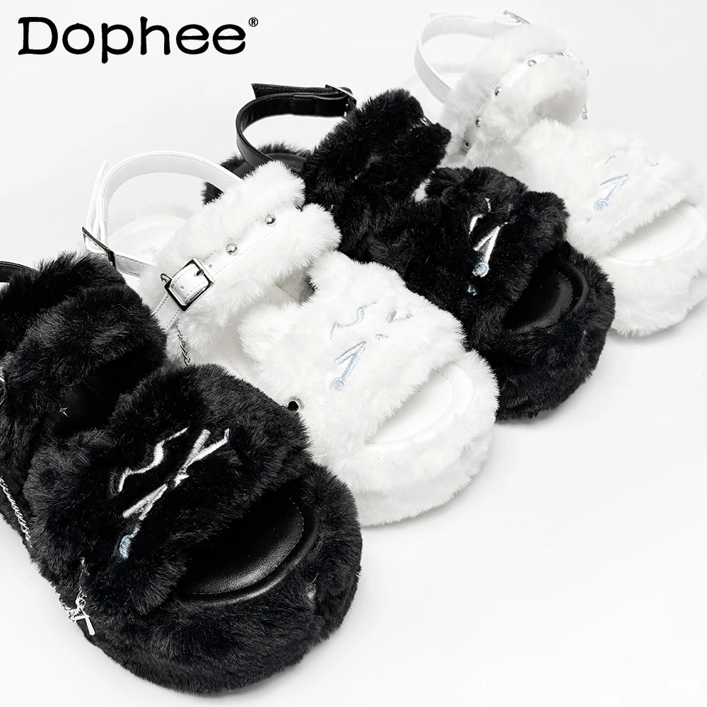 

Original Subculture Girl's Punk Style Sweet Cool Plush Slippers Autumn Winter New 2025 Student Y2K Indoor Shoes Women's Sandals