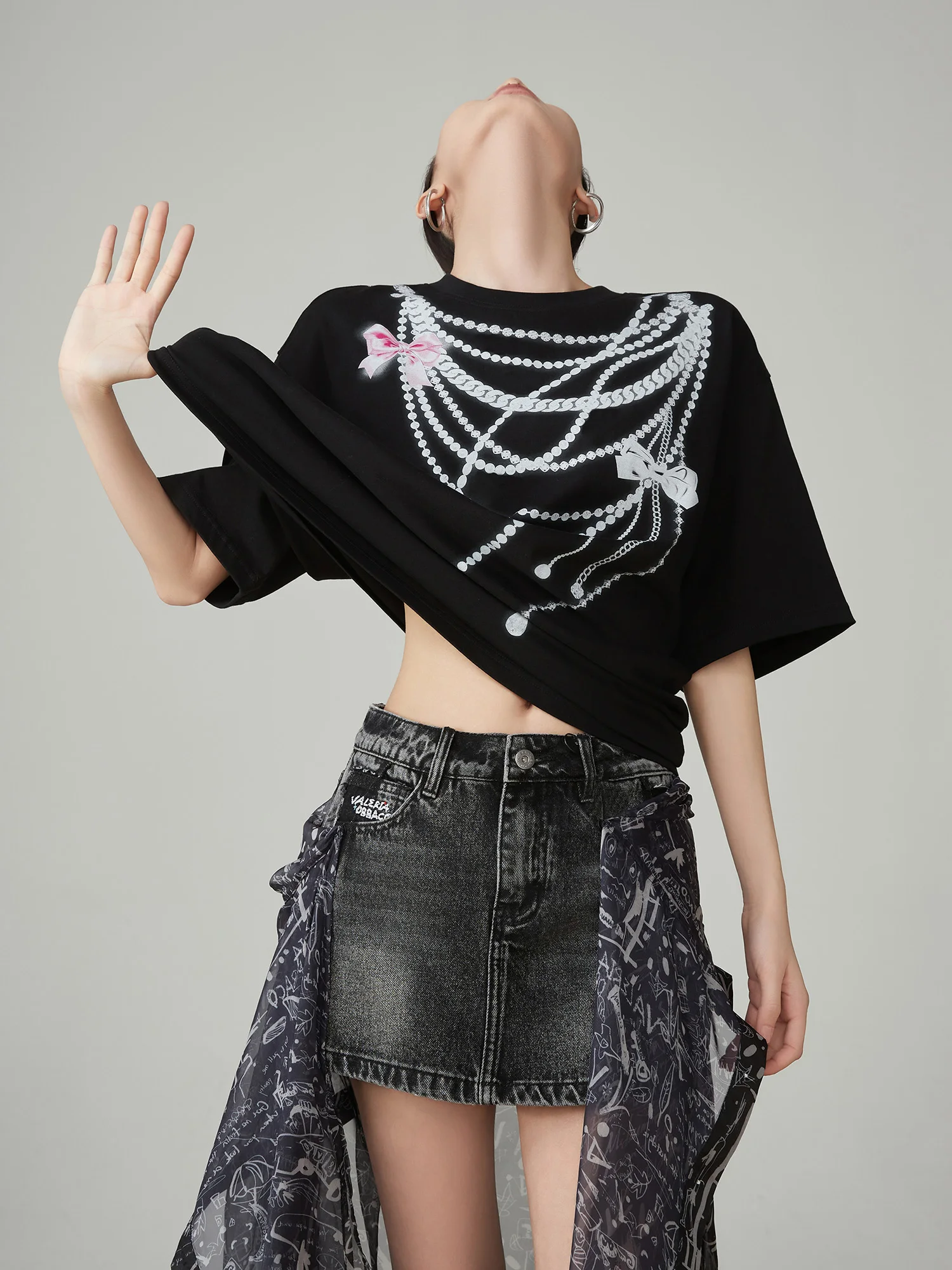 

Chain Print round Ne ort Sve T-irt Women's Casual Loose Fit Versatile Top Summer Trendy Polyester Fiber