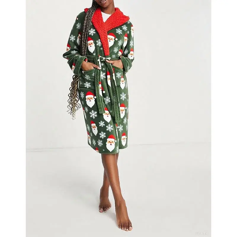 

HEZIOWYUN Women's Christmas Fuzzy Long Bathrobes Fashionable Soft Warm Reindeer Print Hooded Robes with Belt