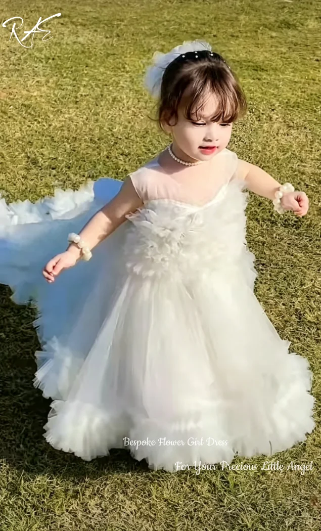 White Flower Girl Dress With Bow Strap Mini Bridal Wedding Dress Kids Ball Gown 1st Communion Frock Vestidos Customized