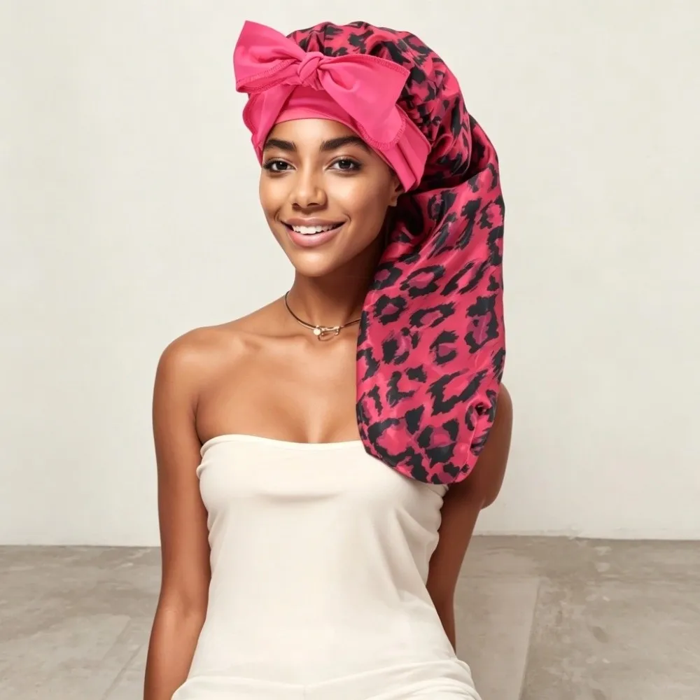 Satin Material Silk Hair Bonnet Bowknot Design Leopard Print Hair Protector Bonnet Anti-UV Wide Elastic Band Night Sleep Cap