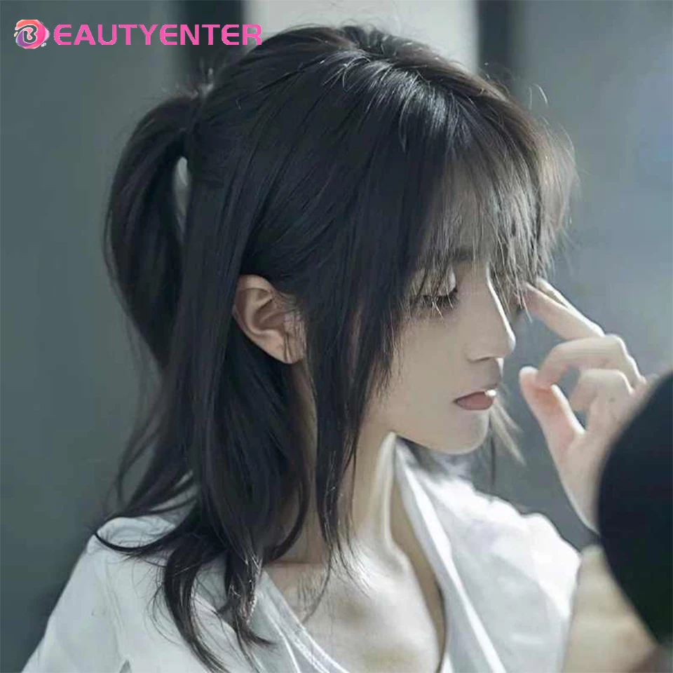 Beauty Mullet Head Wig Short Synthetic Straight Black Fluffy Natural Wolf Tail Hair Men and Women Wig for Daily Party Cosplay