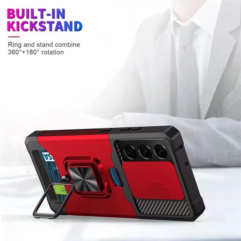 For Samsung S24 S23 S22 Ultra Phone Case Ring Holder Card Insertion Lens Push Window Protection Anti Drop Back Cover image 5