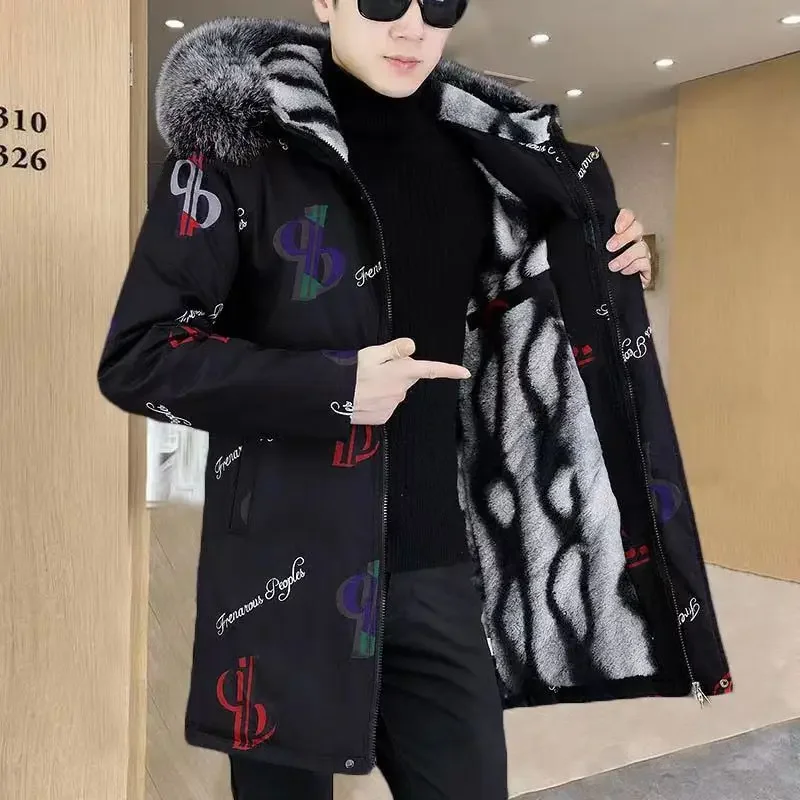 Cotton-Padded Coat Winter Men's Warm Parkas Coat Fashionable Mid-Length Thickened Jacket Brand Letter Print Fur collar