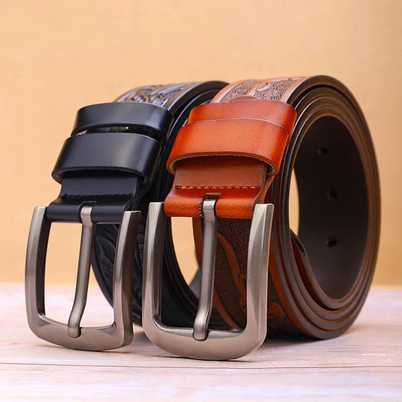 حزام جلد منقوش على الموضة للرجال بإبزيم حديث مناسب للجينز وإكسسوارات الاتجاه اليومي وحزام خصر مضغوط عتيق #1