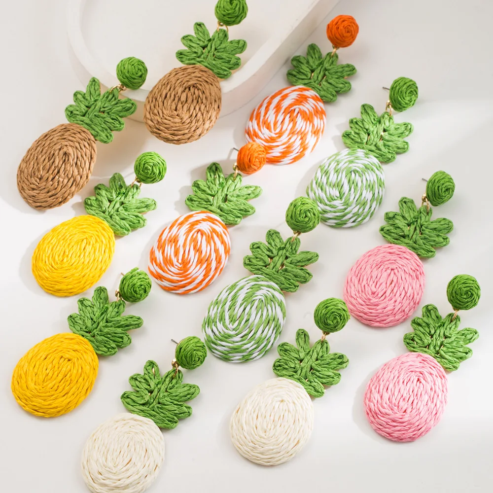 Bohemian braided raffia fruit pineapple stud earrings beach vacation personality sweet fresh earrings