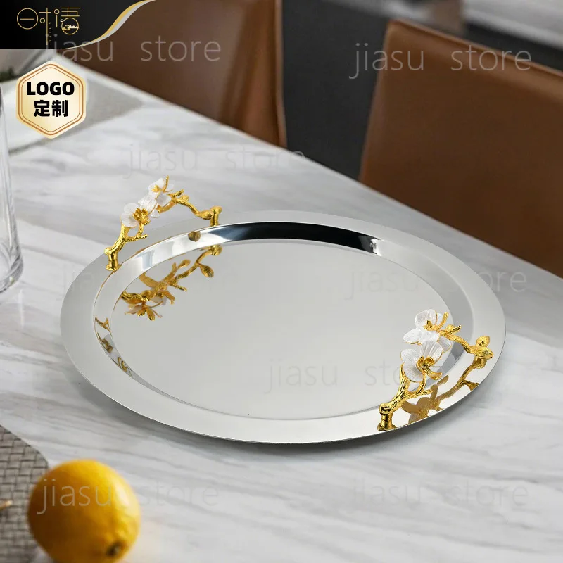 European Floral Stainless Steel Serving Tray, Round Square Decor Plate for Tableware Wine Cup Storage Home Decor
