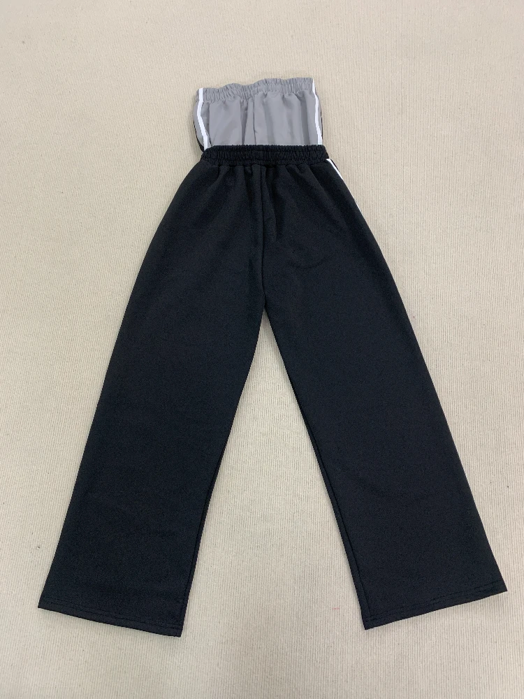 Double waisted fake two-piece long pants with dark Gothic embroidery pattern, color blocked fashionable couple