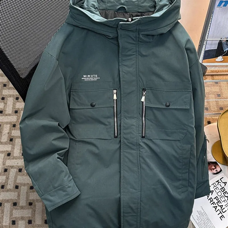 

Men's Thiened Winter Jaet Pure Color Hooded down Cotton Workwear Anti-Cold Medium-Length Outerwear Youth Faion