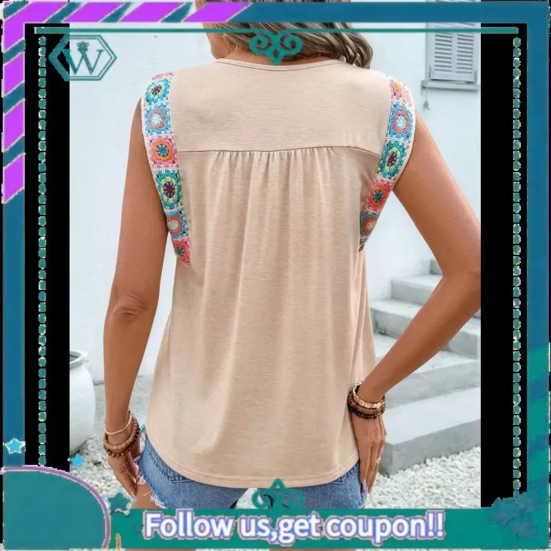

A09P Women's 2025 Summer Fashion Cap Sleeve Tops For Women Round Neck Ribbon Splicing Casual Sleeveless Sweatshirt Top