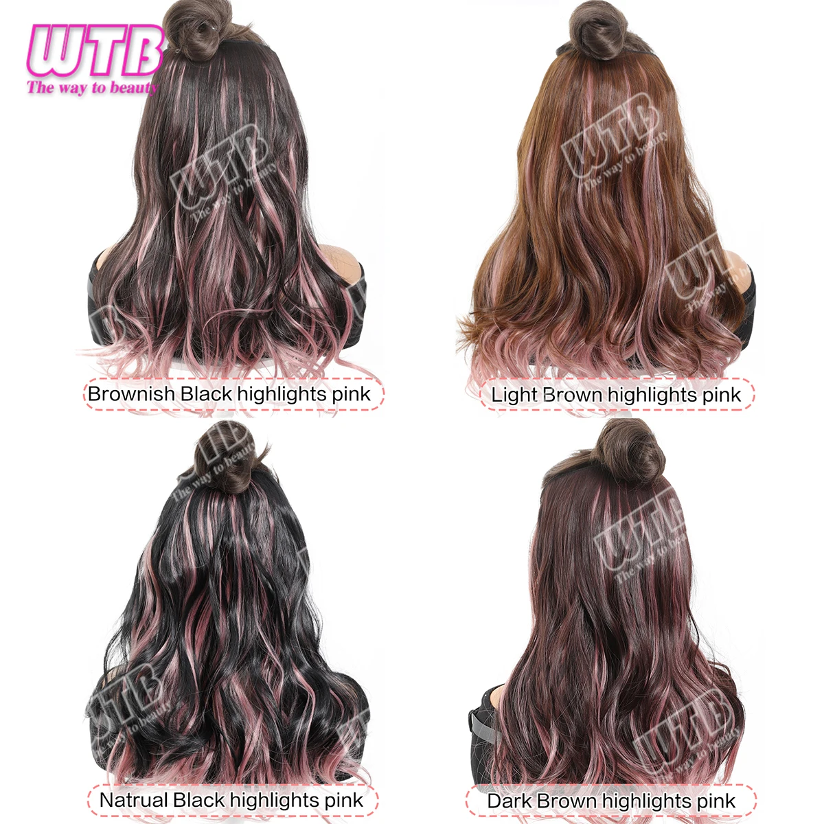 Synthetic V-Shape 5 Clips Long Wavy Clip In Hair Extensions Brown With Pink Highlights Synthetic Hairpiece For Women Daily Wear