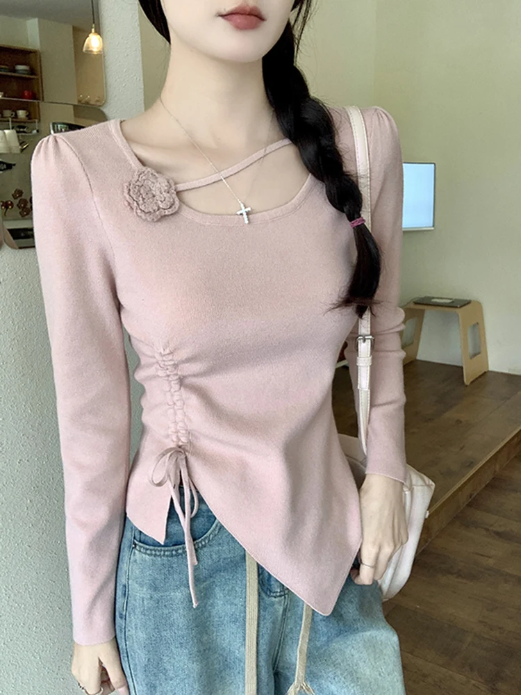 

Women's Knitted Dstring Floral Print Base irt Spring 2026 New Faion Top Versatile Simple Design Long Sve Crew Ne