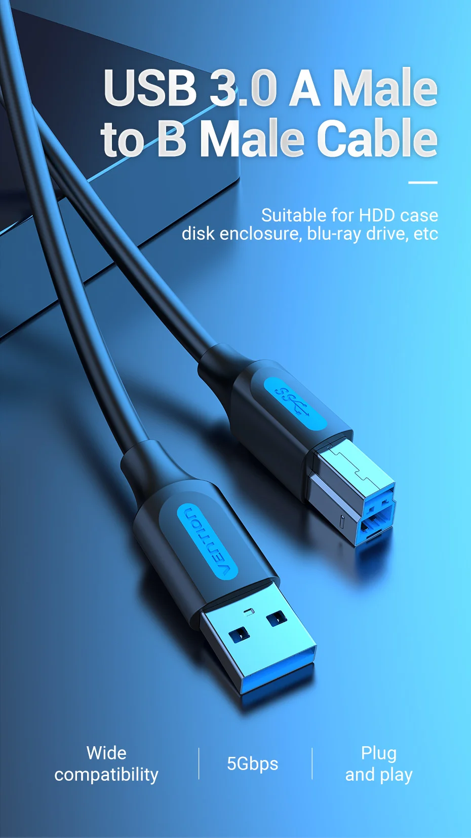 Vention USB-Druckerkabel USB 3.0 Typ A Stecker auf B Stecker Kabel für Canon Epson HP ZJiang Etikettendrucker DAC USB-Drucker 0,5 m-3 m – Detail 1