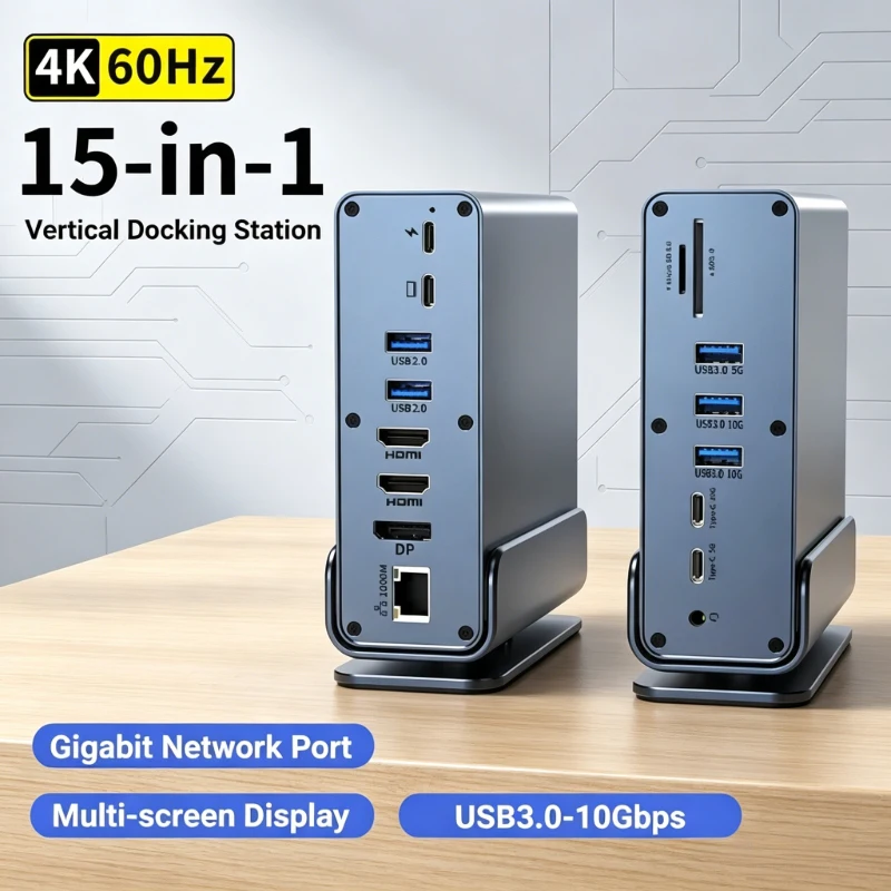 New 15-in-1 Type C Docking Station, Vertical USB-C Hub with Dual HDMI 4K, DP, PD 100W, Ethernet, Multi-Port Adapter for Laptop
