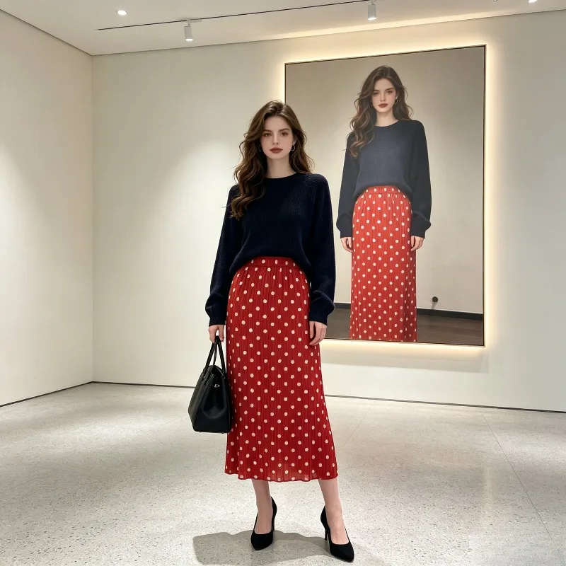 Miyake Pleated 2026 New Summer Polka Dot Skirt Women Casual Fashion Pleated Comfortable Slimming Straight Mid-Length Skirt Pleat