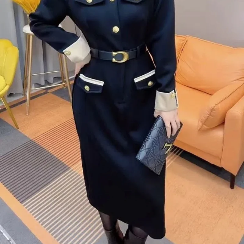 Large Size Small Fragrant Style Long Sleeved Women\'s Autumn and Winter New Fashion Style Slimming and Thickening Base Dresses