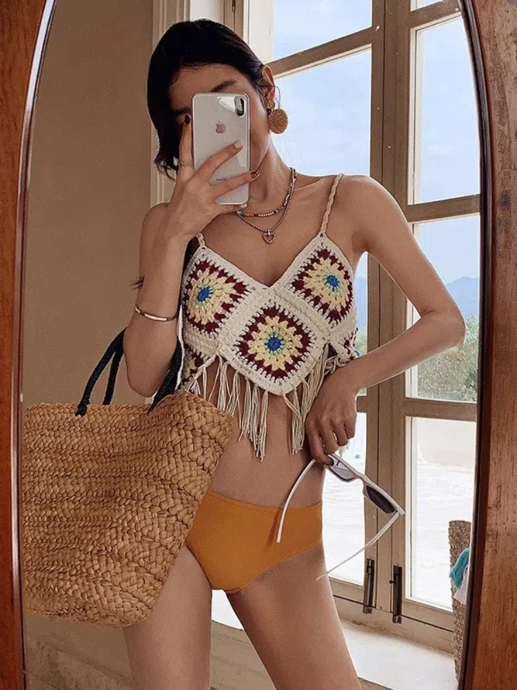 Korean Retro Ethnic Bikini Set - Women's Sexy Fringe Two-Piece Swimsuit Open Back Strap Vest Swimsuit Summer Holiday Beachwear