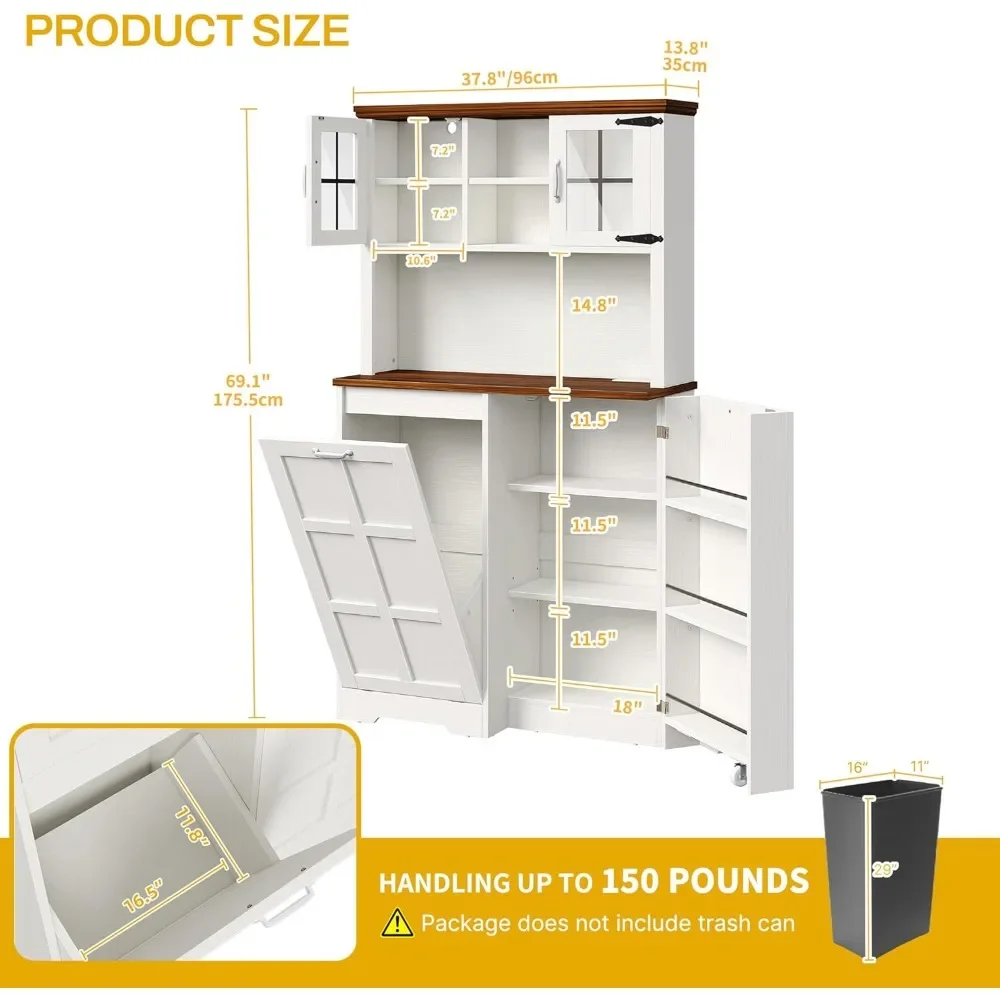 Kitchen Pantry Cabinet, Trash Can Cabinet Fits Tilit Out , Kitchen Storage Cabinet with Drawers and Door, Freestanding Cupboard