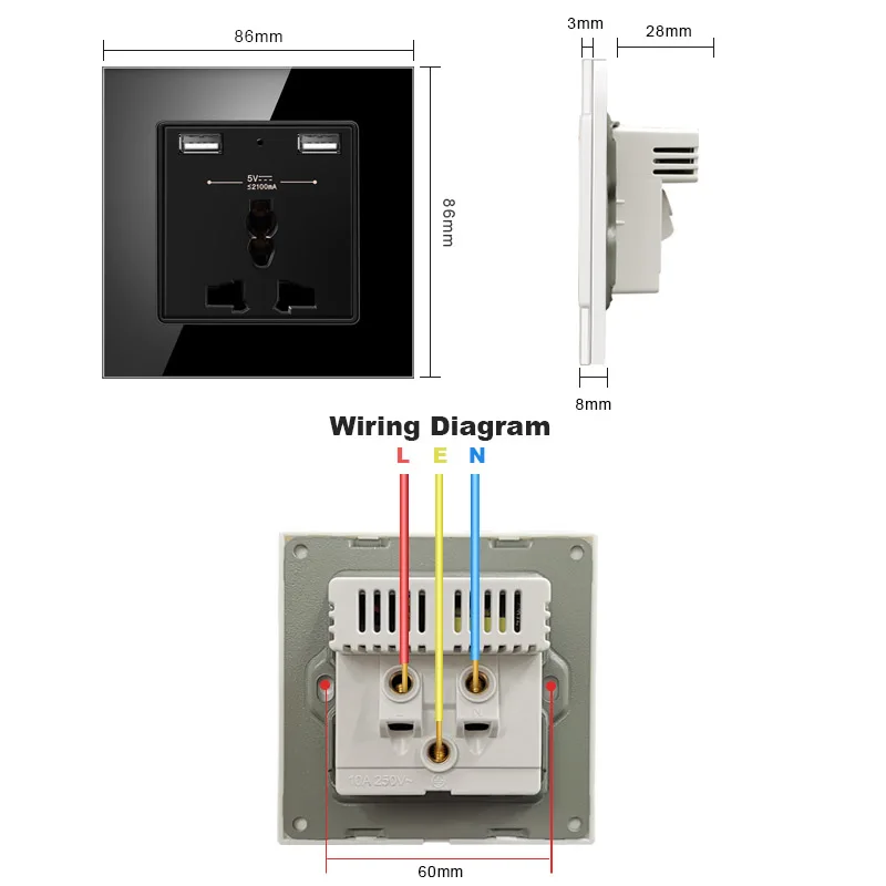 Novski 13a presa interruttore universale a 5 fori 2 porte di ricarica uscita usb presa a muro 2.1a pannello in vetro cristallo
