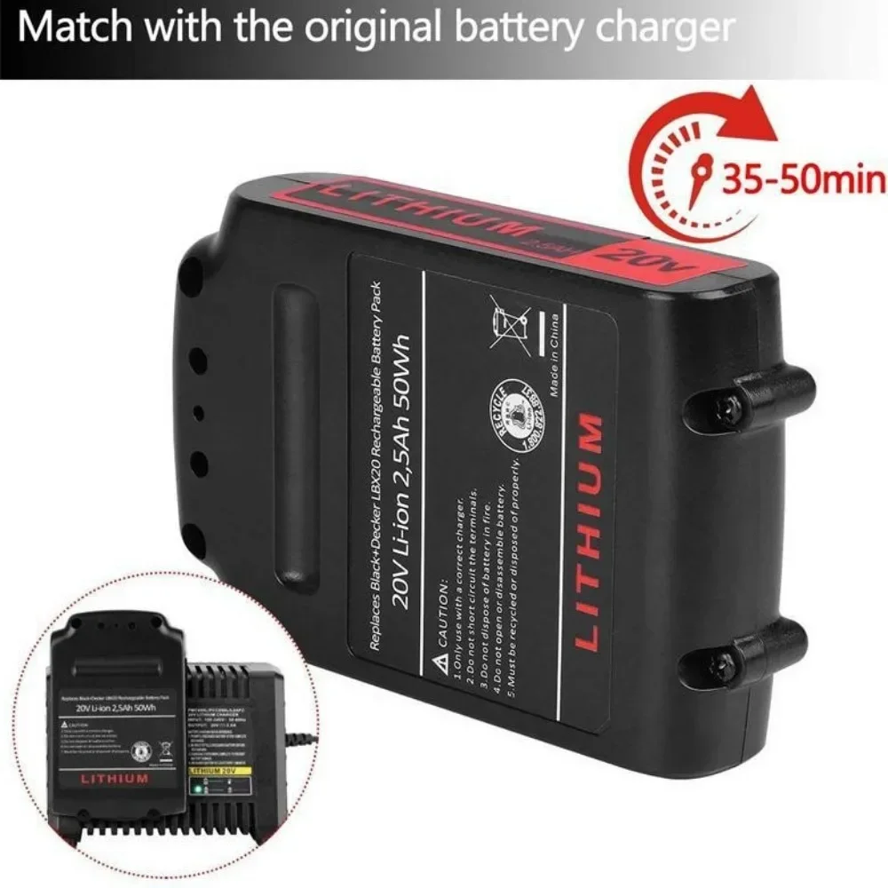 For BLACK & DECKER LBX20 20V 2.5/6.0Ah Li-ion Rechargeable Battery Replacement LB20 BL2018 LBXR20 Power Cordless Tool Battery