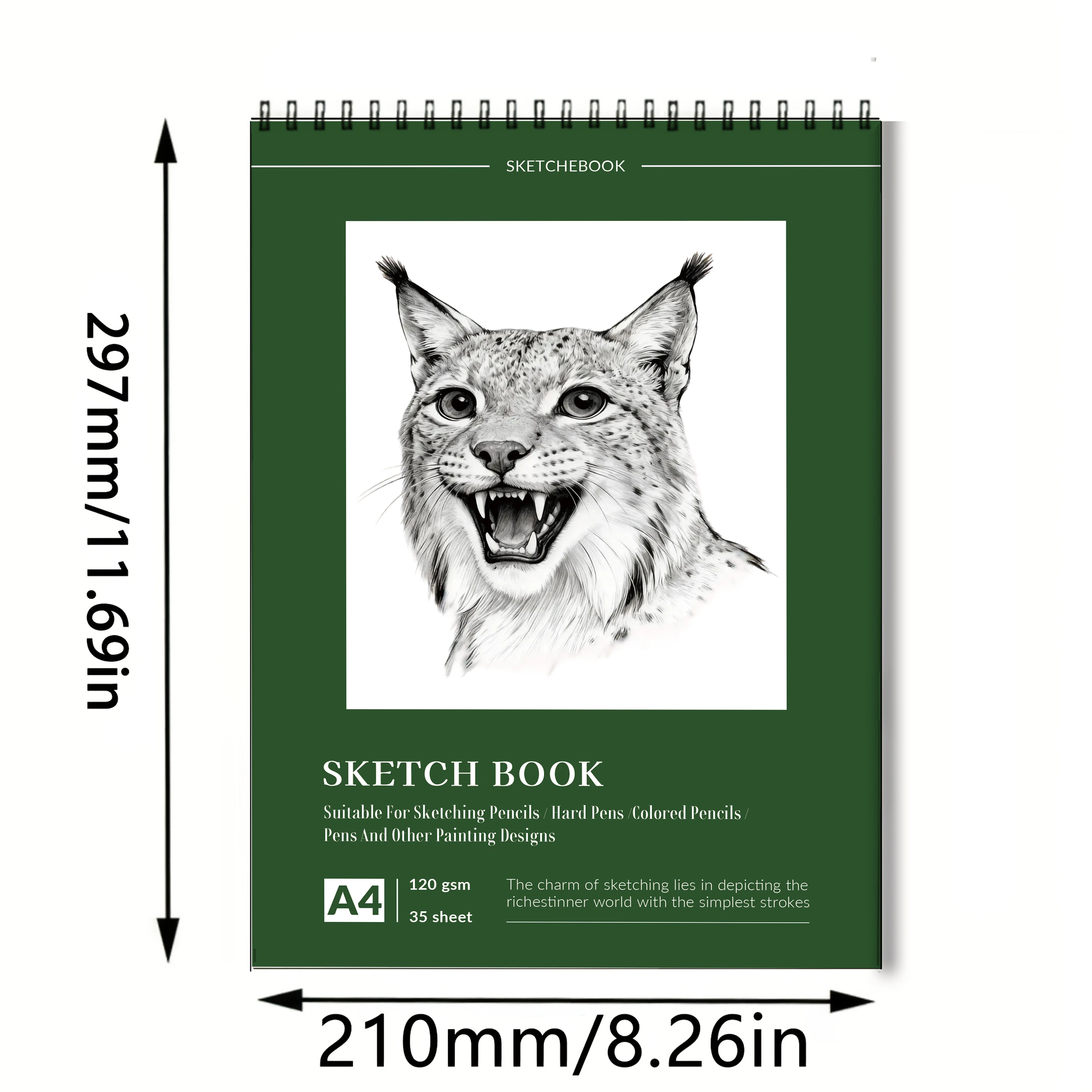 A4 Spiral Sketchbook with Lynx Sketch Art Cover, 120 GSM Thick Blank Paper, 35 Sheets, Multi-Media Art Pad for Adults – Ideal