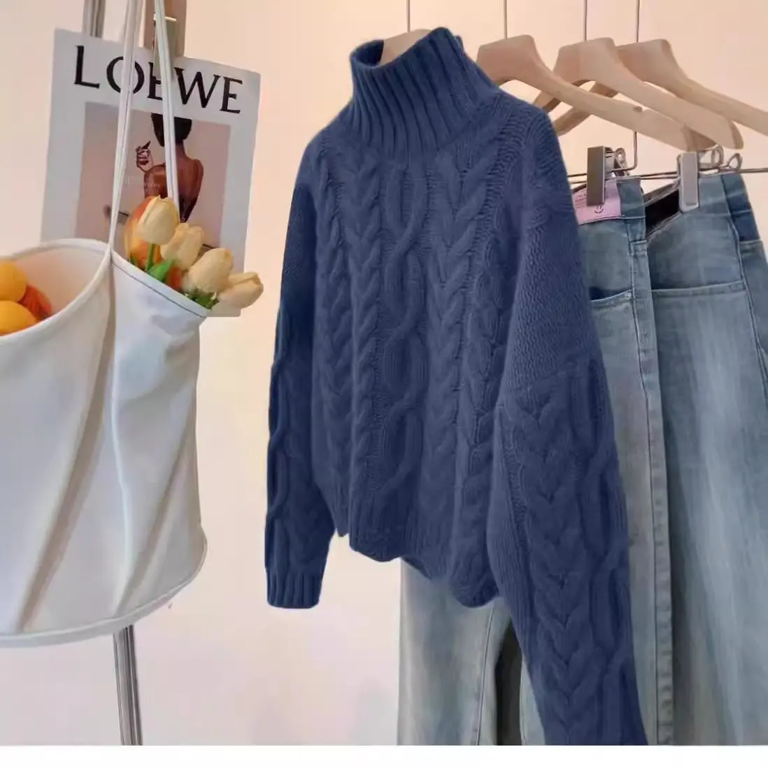 레트로 터틀넥 여성 솔리드 컬러 스웨터 여성 루즈 캐주얼 통근 가을, 겨울 캐주얼 두꺼운 스웨터베이스