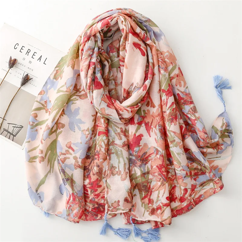 Soft Cotton Linen Texture Soft Scarf for Women Warm Floral Print Tassel Travel Shawl