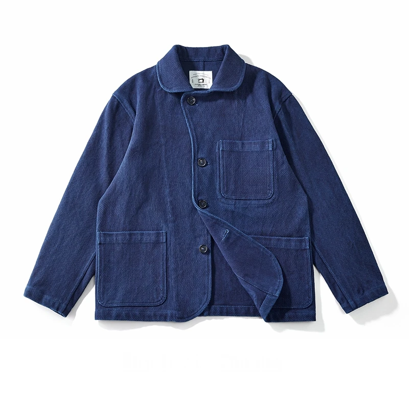 헤비 웨이트 인디고 재킷 남성용 가을 겨울 일본 빈티지 워크웨어 툴링 재킷 블루 염색 켄도 원단 프렌치 코트