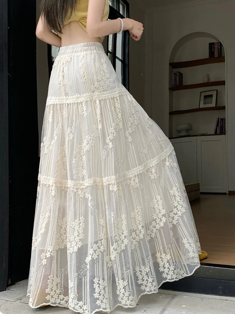 Vintage Long Lace Tulle Skirts Women 2026 Elegant Streetwear Korean Y2k Clothes Slim High Waista A Line Mid Length Pleated Skirt