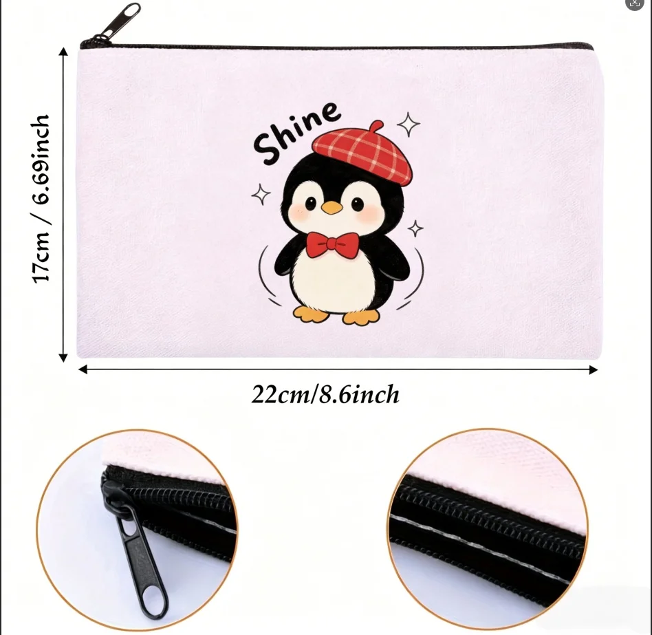 1PC Double Sided Print Cartoon Penguin With Red Plaid Hat Shine Letter Canvas Zipper Cosmetic Storage Pouch