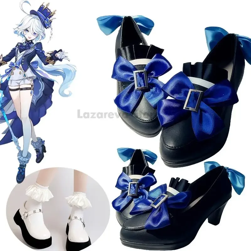 Genshin-zapatos de Cosplay de Fontaine Furina para mujer, calcetines con lazo de Lolita, tacones altos, accesorios de fiesta de disfraces de Halloween