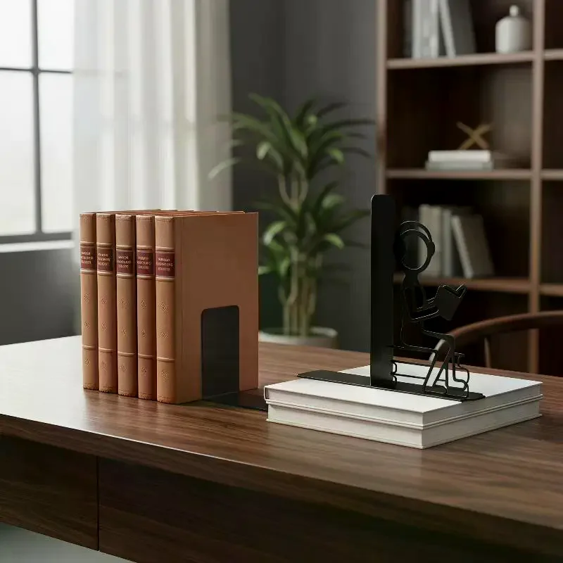 1 Pair Heavy Metal Bookends Black Abstract Non-Slip Book Display Stand for Book Lovers Dorm Desk Decor