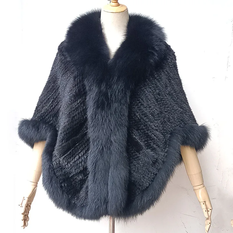 Winter Luxury Genuine Mink Fur Shawl With Fluffy Fox Fur Stripe Women High Qulity Thick Fashion Warm Natural Mink Fur Wrap Shawl