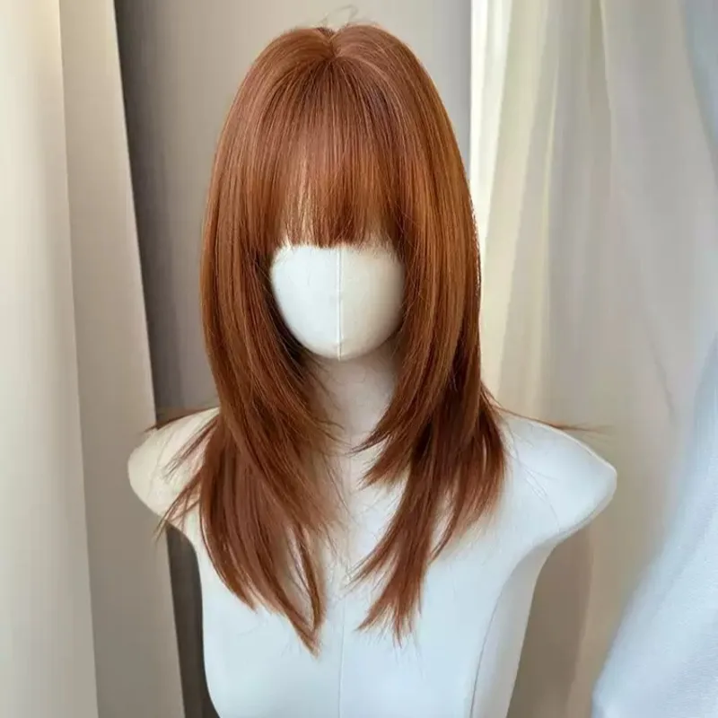 High Layer Medium Long Wig Orange Brown Japanese Style Natural Invisible Hairline Straight Full Wig Daily Cosplay Women
