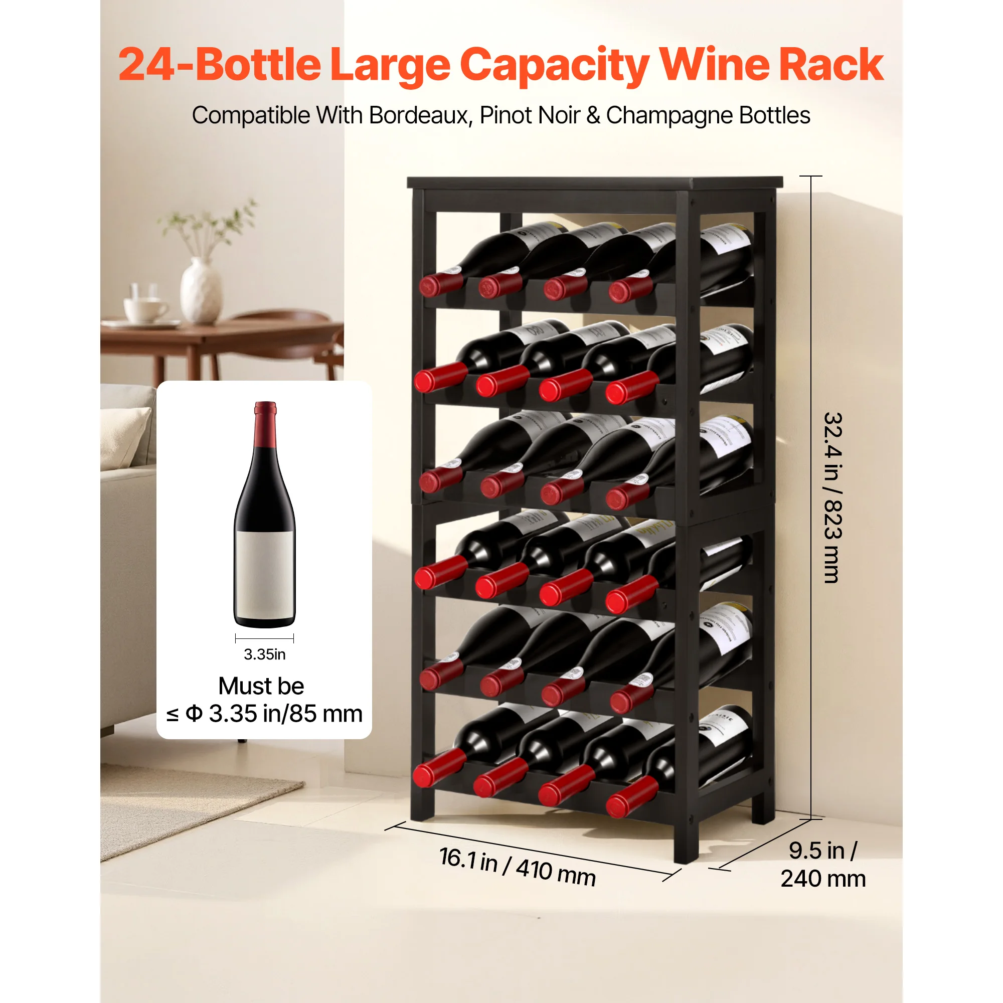 SucceBuy 24 Bottle 6-Tier Detachable Wine Rack Solid Bamboo Wood Freestanding Floor Display Storage Shelves w/ Table Top for Bar