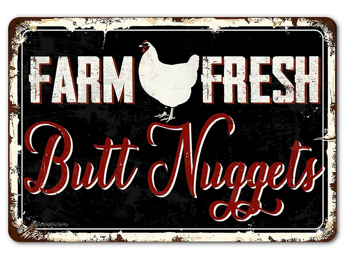 Farm Fresh Butt Nuggets Eggs Tin Sign, Chicken Vintage Metal Decor, Funny Hen House Coop Accessories Rustic Kitchen Wall Art Pla