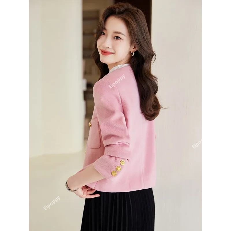 2024 Elegant Women Jacket Coat Pink Beige Black Single Breasted Autumn Winter Office Ladies Blazer Temperament Female Clothing