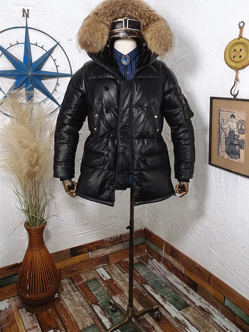 

Men's N3B down Jaet with Real Fur Collar Mid-Length Hooded Leather Coat Warm Du down Genuine Leather Outerwear for Winter