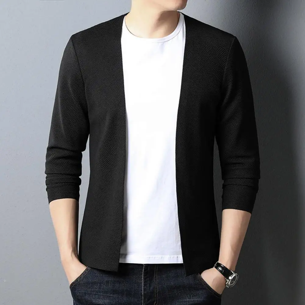 

2023 Men Jacket Cardigan Solid Color Long Sleeve Elastic Open Stitch Casual Formal Business Style Thin Mid Length Men Jacket